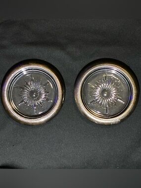 Vintage 1960s Leonard Silver Plated & Crystal Glass Coasters Made in Italy (2)